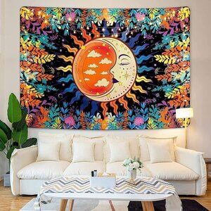 𝅺PSYCHEDELIC Moon Stars Garden Flower Tapestry Mandala Living Room Bedroom Dorm